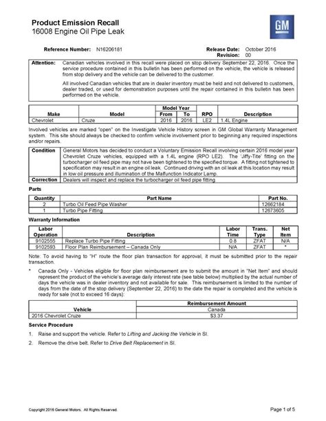 Product Emission Recall 16008 Engine Oil Pipe Leak